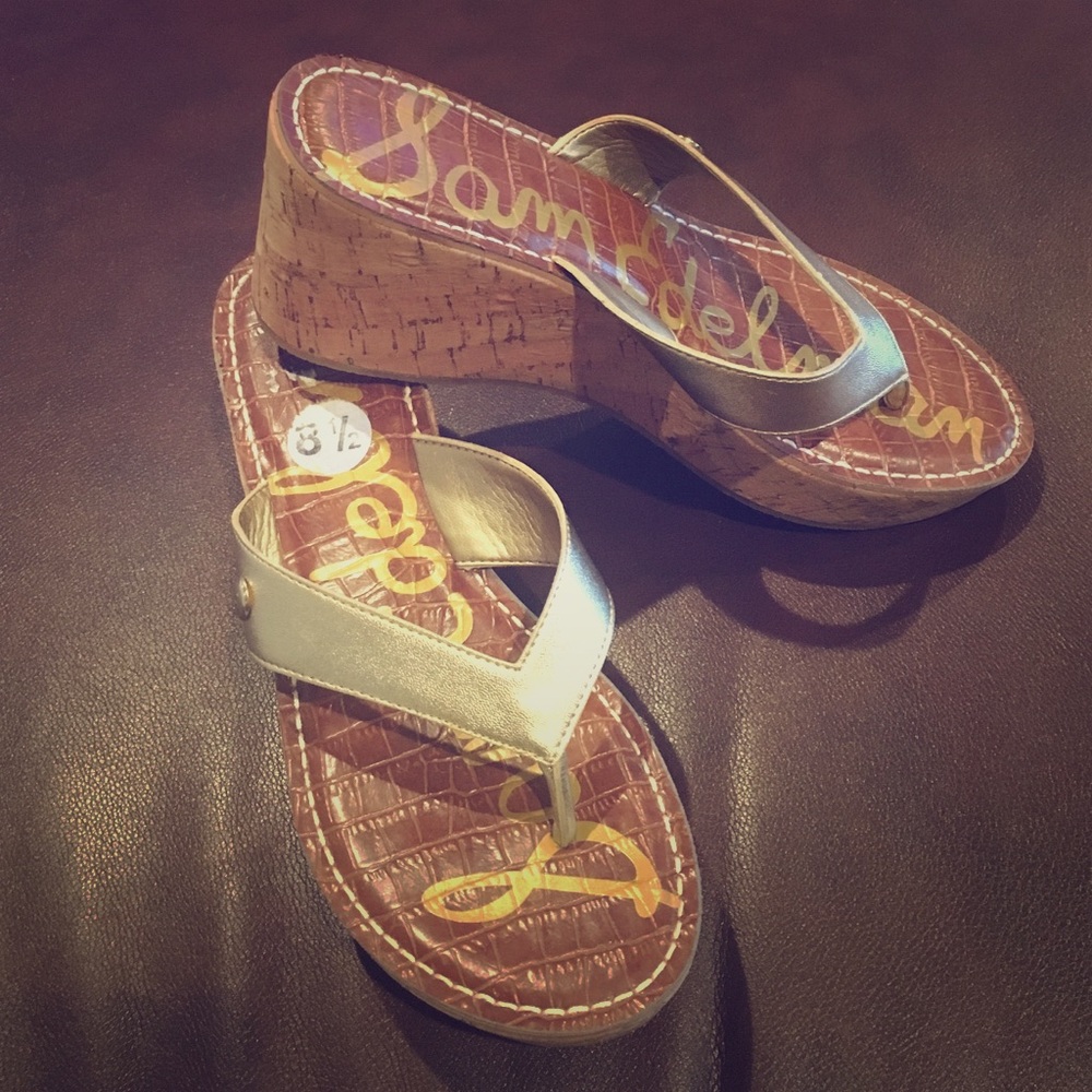 Sam Edelman Brown and Gold Wedge Sandals